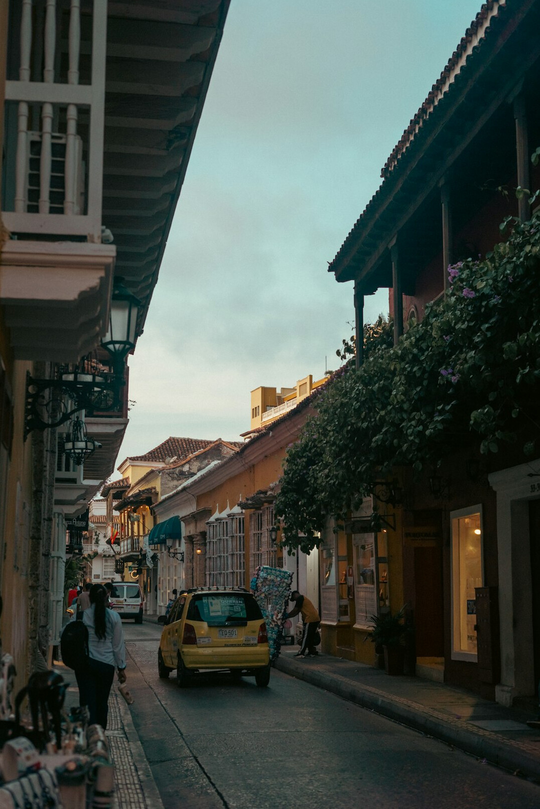 Old cobblestone street in a historic South American city at dusk